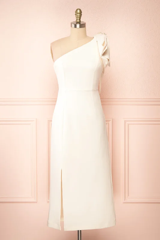 Empire Waist Women Dress to Accentuate the Bust and Conceal the WaistLiliana | One Shoulder Ivory Midi Dress w/ Bow Empire Waist Women Dress to Accentuate the Bust and Conceal the WaistLiliana | One Shoulder Ivory Midi Dress w/ Bow