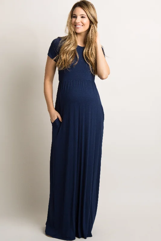 Sheath Women Dress with a Tailored Fit for a Professional LookNavy Blue Solid Side Pocket Maternity Maxi Dress Sheath Women Dress with a Tailored Fit for a Professional LookNavy Blue Solid Side Pocket Maternity Maxi Dress