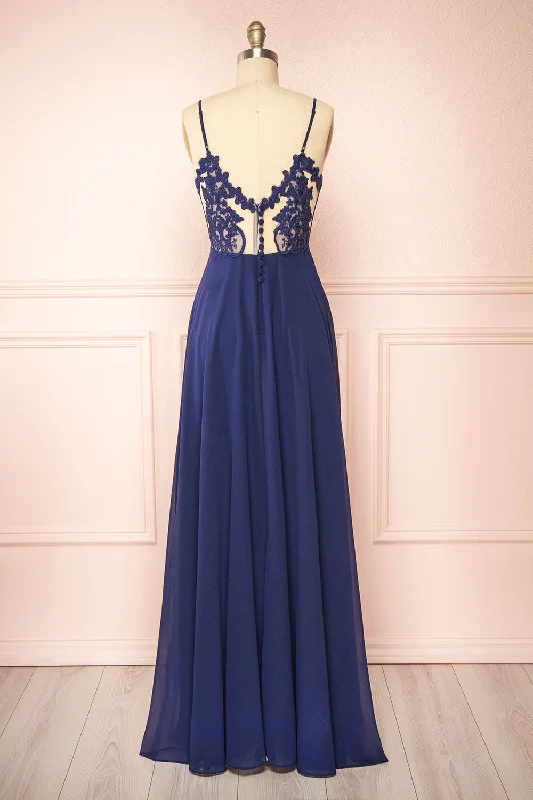 Peggie Navy | Chiffon Maxi Dress w/ Back Embroidery