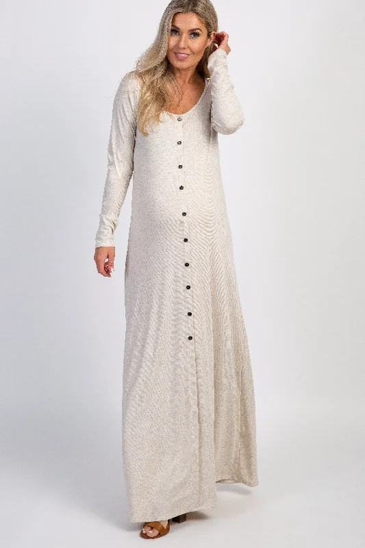 PinkBlush Beige Button Front Maternity Maxi Dress