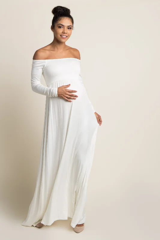 Backless Women Dress for a Sexy and Alluring Look at Evening EventsPinkBlush Ivory Solid Off Shoulder Maternity Maxi Dress Backless Women Dress for a Sexy and Alluring Look at Evening EventsPinkBlush Ivory Solid Off Shoulder Maternity Maxi Dress
