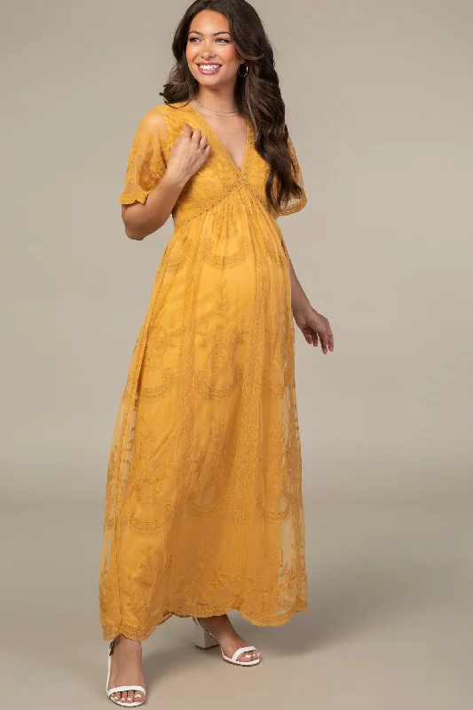 Printed Abstract Women Dress for a Modern and Artistic AppealPinkBlush Mustard Lace Mesh Overlay Maternity Maxi Dress Printed Abstract Women Dress for a Modern and Artistic AppealPinkBlush Mustard Lace Mesh Overlay Maternity Maxi Dress
