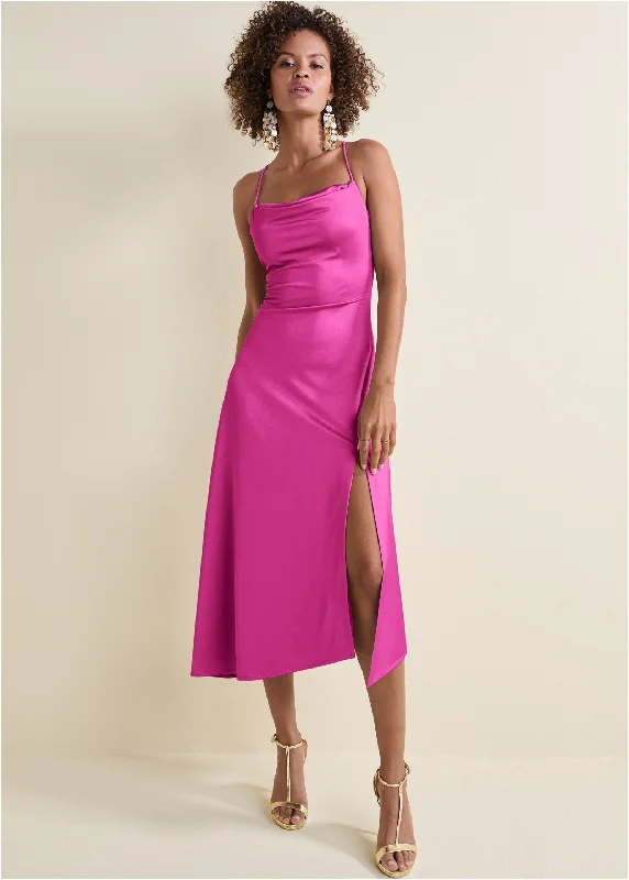 Backless Women Dress for a Sexy and Alluring Look at Evening EventsSatin Midi Dress - Fuchsia Backless Women Dress for a Sexy and Alluring Look at Evening EventsSatin Midi Dress - Fuchsia