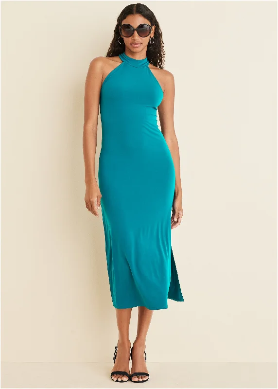 Strapless Women Dress with a Built - in Bra for Comfort and SupportHigh Neck Midi Dress - Teal Strapless Women Dress with a Built - in Bra for Comfort and SupportHigh Neck Midi Dress - Teal