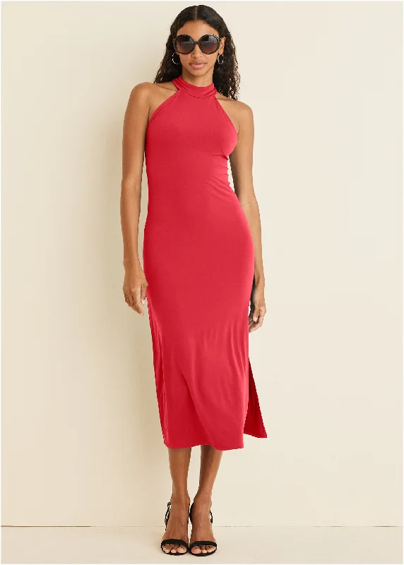 Printed Abstract Women Dress for a Modern and Artistic AppealHigh Neck Midi Dress - Red Printed Abstract Women Dress for a Modern and Artistic AppealHigh Neck Midi Dress - Red