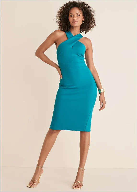 Shift Women Dress with a Simple and Classic Design for Everyday WearLuxe Scuba Cross Neck Dress - Teal Shift Women Dress with a Simple and Classic Design for Everyday WearLuxe Scuba Cross Neck Dress - Teal