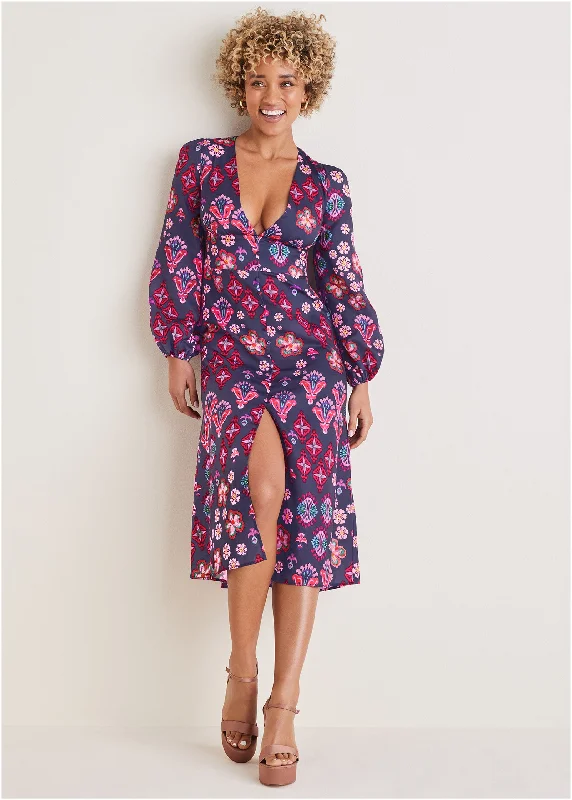 Plus Size Women Dress with a Flattering A - Line Cut for Comfort and StyleLong Sleeve Printed Dress - Modern Folk Floral Plus Size Women Dress with a Flattering A - Line Cut for Comfort and StyleLong Sleeve Printed Dress - Modern Folk Floral