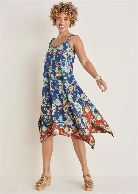 Maxi Women Dress with Floral Print for a Bohemian VibeHandkerchief Hem Dress - Mystic Jacobean Border Maxi Women Dress with Floral Print for a Bohemian VibeHandkerchief Hem Dress - Mystic Jacobean Border
