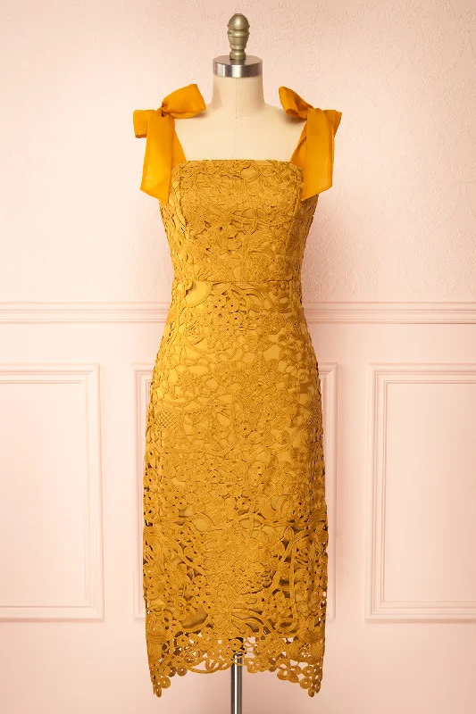 Sheath Women Dress with a Tailored Fit for a Professional LookZelly | Fitted Midi Mustard Crocheted Lace Dress Sheath Women Dress with a Tailored Fit for a Professional LookZelly | Fitted Midi Mustard Crocheted Lace Dress