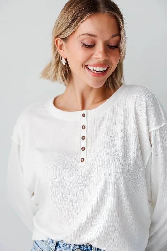 Plus Size Women's Side - Slit Sweaters in Bold SolidsFINAL SALE - Amber White Henley Knit Top - DU DEAL Plus Size Women's Side - Slit Sweaters in Bold SolidsFINAL SALE - Amber White Henley Knit Top - DU DEAL