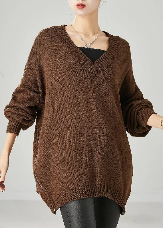 Tie - Front Women's Lambswool Sweaters in Pastel HuesArt Brown V Neck Zippered Knit Sweater Tops Spring Tie - Front Women's Lambswool Sweaters in Pastel HuesArt Brown V Neck Zippered Knit Sweater Tops Spring
