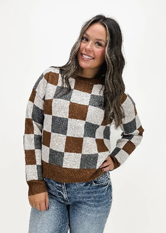 cropped women cardigan to pair with high - waisted jeansAva Checkered Crew Neck Sweater cropped women cardigan to pair with high - waisted jeansAva Checkered Crew Neck Sweater
