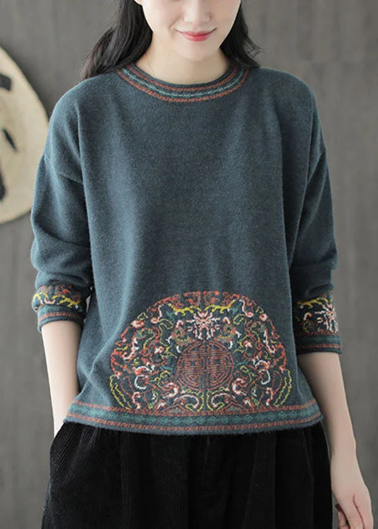 Plus Size Women's Ruffled Hem Sweaters in Floral PrintsBeautiful Blue Green O-Neck Jacquard Fall Knit Sweater Plus Size Women's Ruffled Hem Sweaters in Floral PrintsBeautiful Blue Green O-Neck Jacquard Fall Knit Sweater