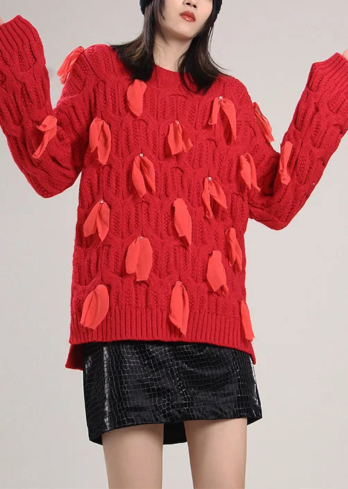 Plus Size Women's Embroidered Sweaters in Ethnic StylesBeautiful Red O-Neck Bow Knit Sweaters Spring Plus Size Women's Embroidered Sweaters in Ethnic StylesBeautiful Red O-Neck Bow Knit Sweaters Spring