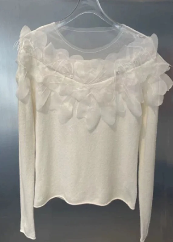 Bell - Sleeve Women's Mohair - Wool Blend SweatersBeautiful White Hollow Out Patchwork Knit Tops Spring Bell - Sleeve Women's Mohair - Wool Blend SweatersBeautiful White Hollow Out Patchwork Knit Tops Spring
