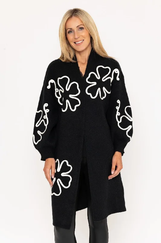 cable knit women cardigan with intricate patternsBlack Long Cardigan With Flower Applique cable knit women cardigan with intricate patternsBlack Long Cardigan With Flower Applique
