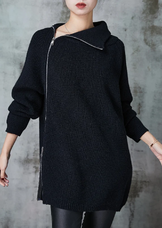 Boat Neck Women's Merino Wool Sweaters in Neutral ShadesBlack Loose Knit Sweaters Asymmetrical Zip Up Spring Boat Neck Women's Merino Wool Sweaters in Neutral ShadesBlack Loose Knit Sweaters Asymmetrical Zip Up Spring