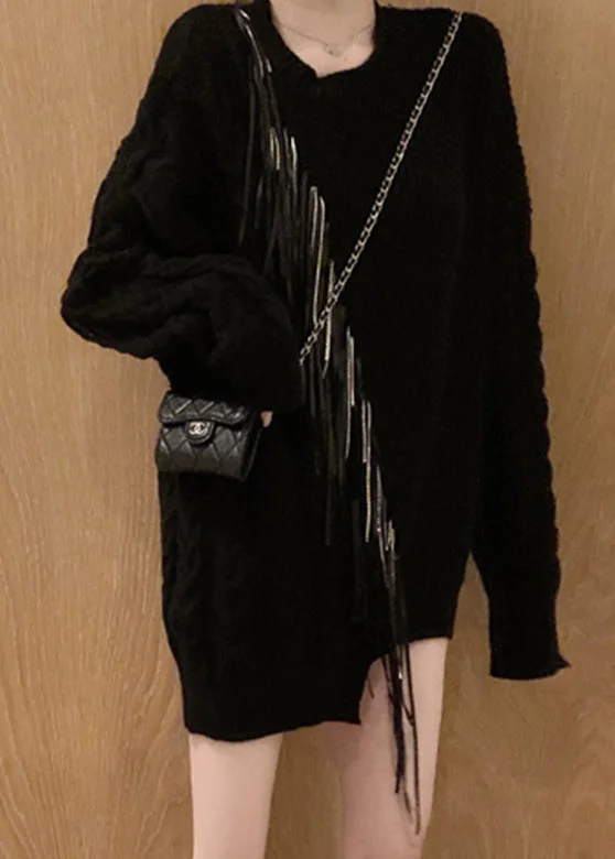 Plus Size Women's Oversized Chunky Knit SweatersBlack O-Neck Zircon Tassel Cotton Knit Sweaters Tops Long Sleeve Plus Size Women's Oversized Chunky Knit SweatersBlack O-Neck Zircon Tassel Cotton Knit Sweaters Tops Long Sleeve
