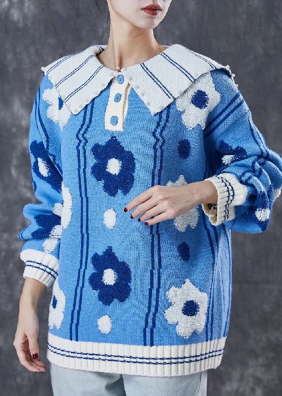 Hooded Women's Fleece - Lined Sweaters for WinterBlue Floral Jacquard Knitted Tops Oversized Pearls Spring Hooded Women's Fleece - Lined Sweaters for WinterBlue Floral Jacquard Knitted Tops Oversized Pearls Spring