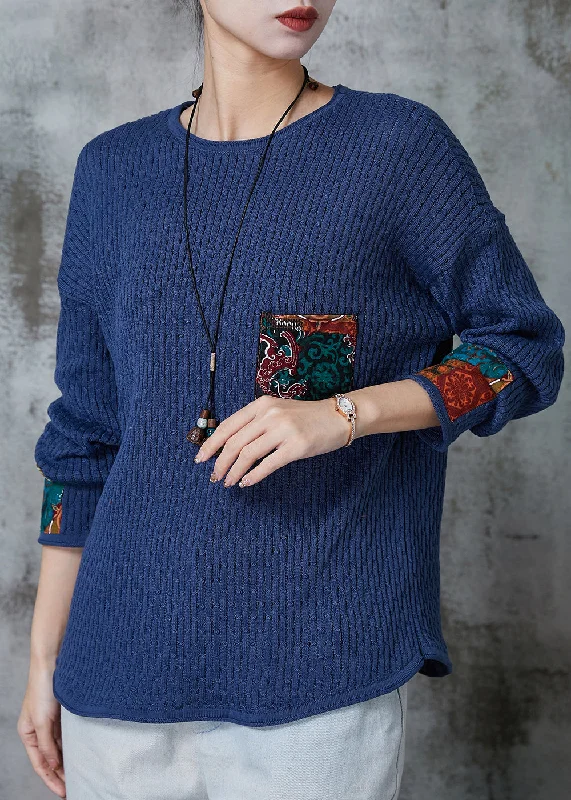 Plus Size Women's Side - Slit Sweaters in Bold SolidsBohemian Blue Oversized Patchwork Pocket Knit Sweater Spring Plus Size Women's Side - Slit Sweaters in Bold SolidsBohemian Blue Oversized Patchwork Pocket Knit Sweater Spring