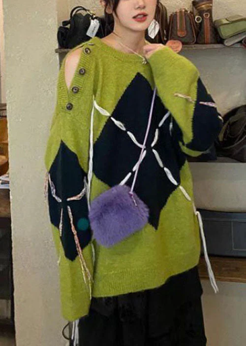 Plus Size Women's Belted Cable Knit SweatersBohemian Green Cold Shoulder Button Knit top Winter Plus Size Women's Belted Cable Knit SweatersBohemian Green Cold Shoulder Button Knit top Winter