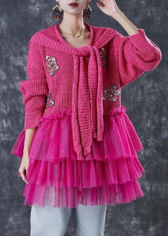 Split - Hem Women's Linen Blend Sweaters for SpringBohemian Rose Sequins Knit Sweater Dress And Shawl Two Piece Set Winter Split - Hem Women's Linen Blend Sweaters for SpringBohemian Rose Sequins Knit Sweater Dress And Shawl Two Piece Set Winter