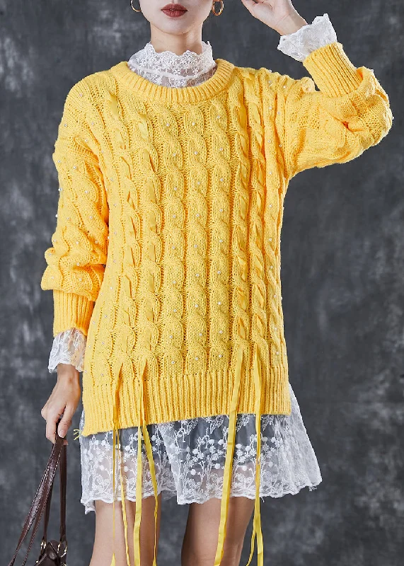 Hooded Women's Fleece - Lined Sweaters for WinterBohemian Yellow Nail Bead Side Open Knit Sweaters Winter Hooded Women's Fleece - Lined Sweaters for WinterBohemian Yellow Nail Bead Side Open Knit Sweaters Winter