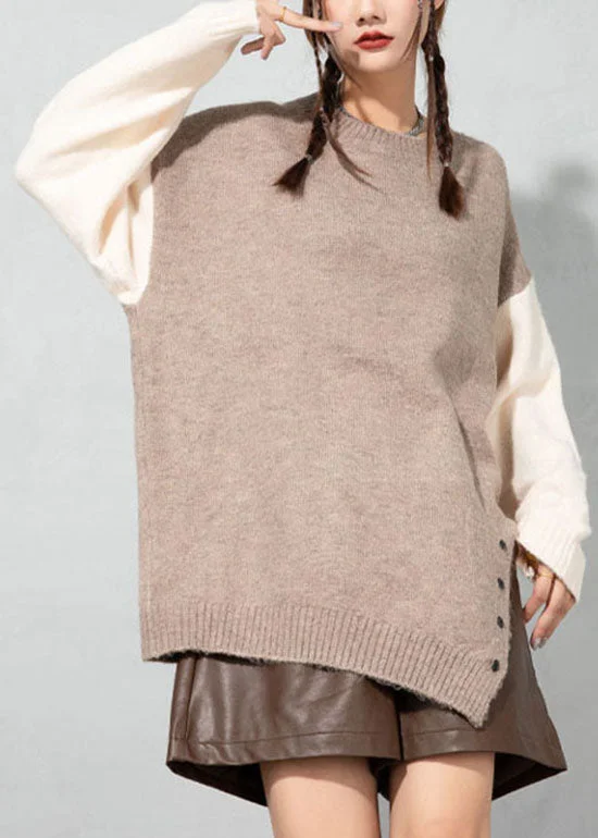 Sleeveless Women's Silk - Trimmed Sweaters for SummerBoutique Apricot O-Neck Asymmetrical thick Patchwork Woolen Sweater Tops Spring Sleeveless Women's Silk - Trimmed Sweaters for SummerBoutique Apricot O-Neck Asymmetrical thick Patchwork Woolen Sweater Tops Spring