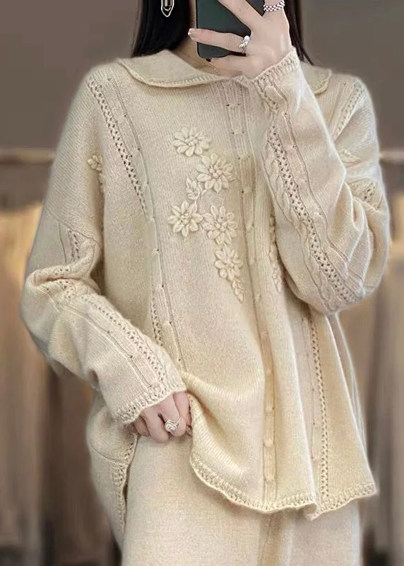 Bell - Sleeve Women's Mohair - Wool Blend SweatersBoutique Beige Peter Pan Collar Ruffled Patchwork Floral Wool Knit Sweaters Spring Bell - Sleeve Women's Mohair - Wool Blend SweatersBoutique Beige Peter Pan Collar Ruffled Patchwork Floral Wool Knit Sweaters Spring