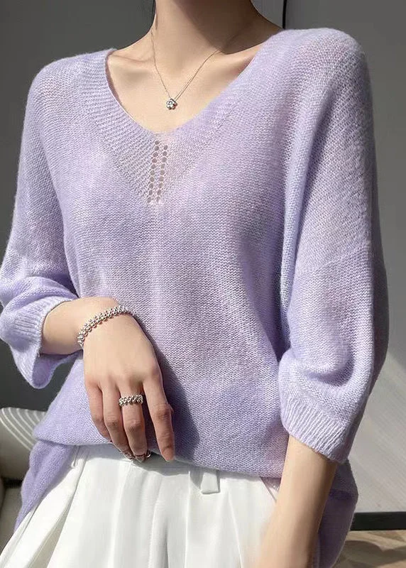 Cropped Women's Angora Blend Sweaters for a Trendy LookBoutique Purple V Neck Cashmere Shirt Tops Bracelet Sleeve Cropped Women's Angora Blend Sweaters for a Trendy LookBoutique Purple V Neck Cashmere Shirt Tops Bracelet Sleeve