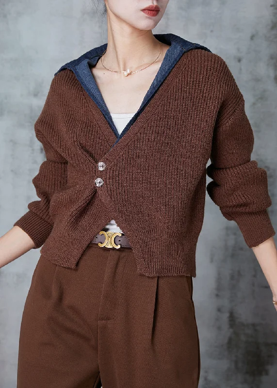 Bell - Sleeve Women's Mohair - Wool Blend SweatersBrown Patchwork Knit Fake Two Piece Sweater Asymmetrical V Neck Winter Bell - Sleeve Women's Mohair - Wool Blend SweatersBrown Patchwork Knit Fake Two Piece Sweater Asymmetrical V Neck Winter