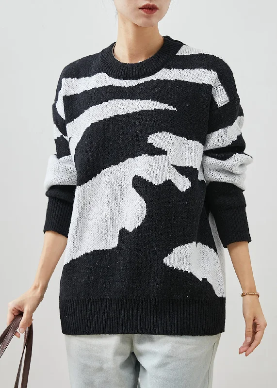 Boat Neck Women's Merino Wool Sweaters in Neutral ShadesChic Black Oversized Print Thick Knitted Tops Winter Boat Neck Women's Merino Wool Sweaters in Neutral ShadesChic Black Oversized Print Thick Knitted Tops Winter