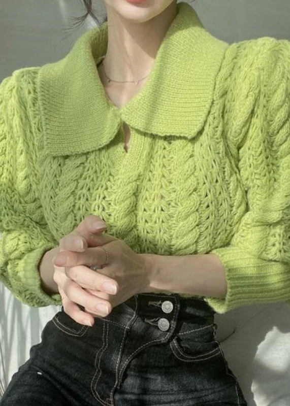 Open - Front Women's Cardigan - Style Mohair SweatersChic Green Peter Pan Collar Hollow Out Patchwork Knit Short Pullover Lantern Sleeve Open - Front Women's Cardigan - Style Mohair SweatersChic Green Peter Pan Collar Hollow Out Patchwork Knit Short Pullover Lantern Sleeve