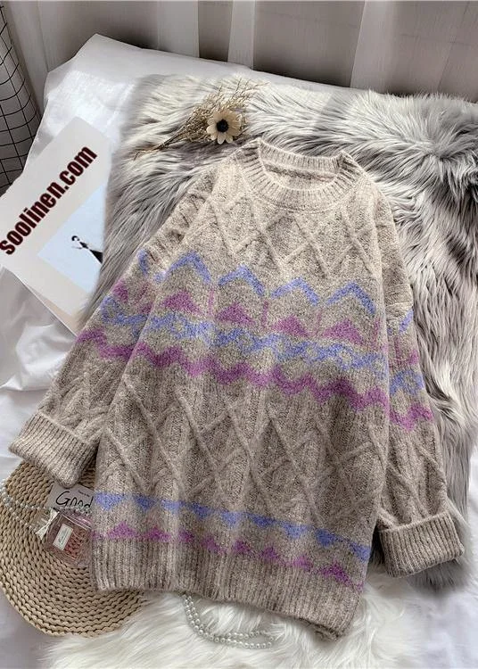 Plus Size Women's Embroidered Sweaters in Ethnic StylesChic khaki striped Sweater Wardrobes Design o neck baggy knitted dress Plus Size Women's Embroidered Sweaters in Ethnic StylesChic khaki striped Sweater Wardrobes Design o neck baggy knitted dress