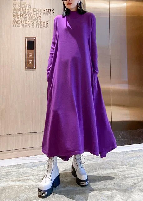 Women's Long Sleeve Turtleneck Cashmere SweatersChristmas purple Sweater weather Women high neck large hem tunic fall knit dress