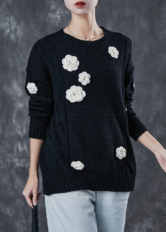 V - Neck Women's Ribbed Wool Sweaters for FallClassy Black Thick Stereoscopic Floral Knit Sweaters Spring V - Neck Women's Ribbed Wool Sweaters for FallClassy Black Thick Stereoscopic Floral Knit Sweaters Spring