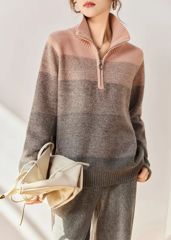 Bell - Sleeve Women's Mohair - Wool Blend SweatersClassy Pink Zip Up Gradient Color Knit Loose Sweatshirts Top Winter Bell - Sleeve Women's Mohair - Wool Blend SweatersClassy Pink Zip Up Gradient Color Knit Loose Sweatshirts Top Winter
