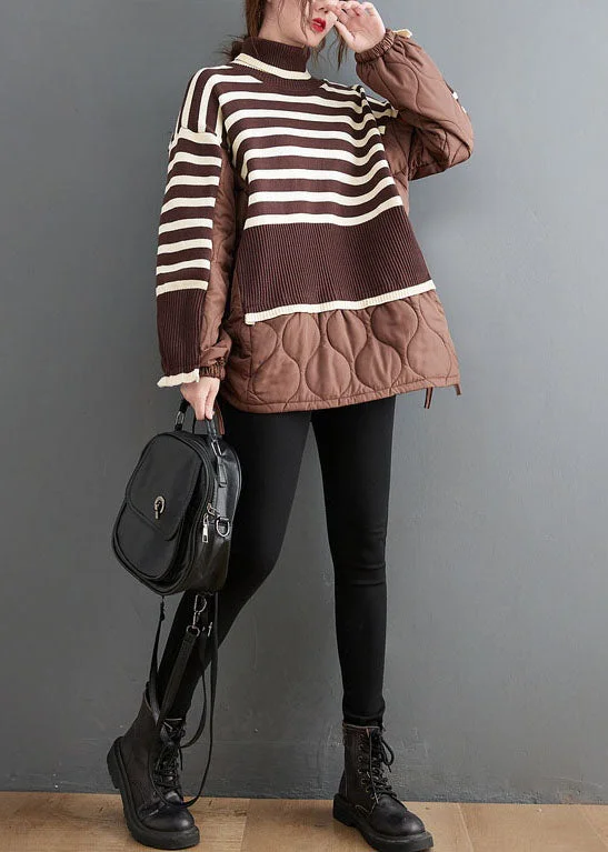 Open - Front Women's Cardigan - Style Mohair SweatersChocolate Striped Knit Patchwork Fine Cotton Filled drawstring Winter sweaters Coat Open - Front Women's Cardigan - Style Mohair SweatersChocolate Striped Knit Patchwork Fine Cotton Filled drawstring Winter sweaters Coat