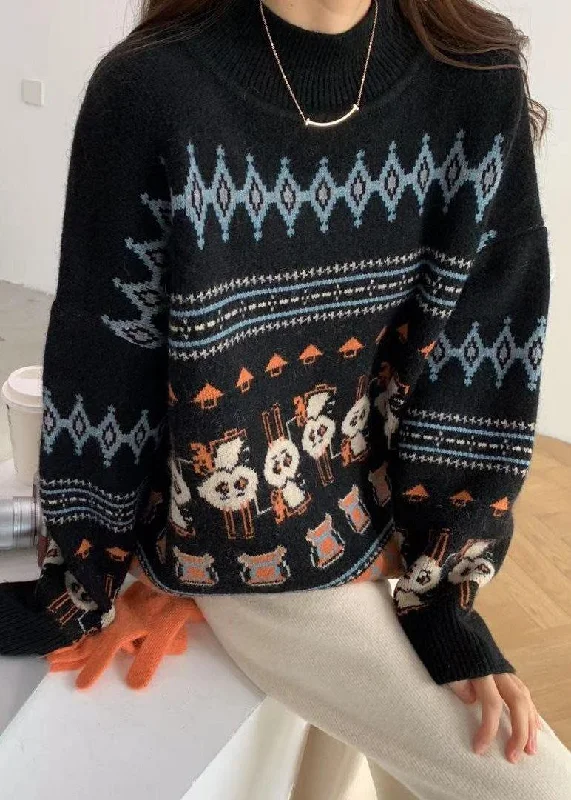 Mock Neck Women's Alpaca Wool Sweaters in Earth TonesCute Black Rabbit Pattern Knit Sweat Tops High Neck Sweater Tops Mock Neck Women's Alpaca Wool Sweaters in Earth TonesCute Black Rabbit Pattern Knit Sweat Tops High Neck Sweater Tops