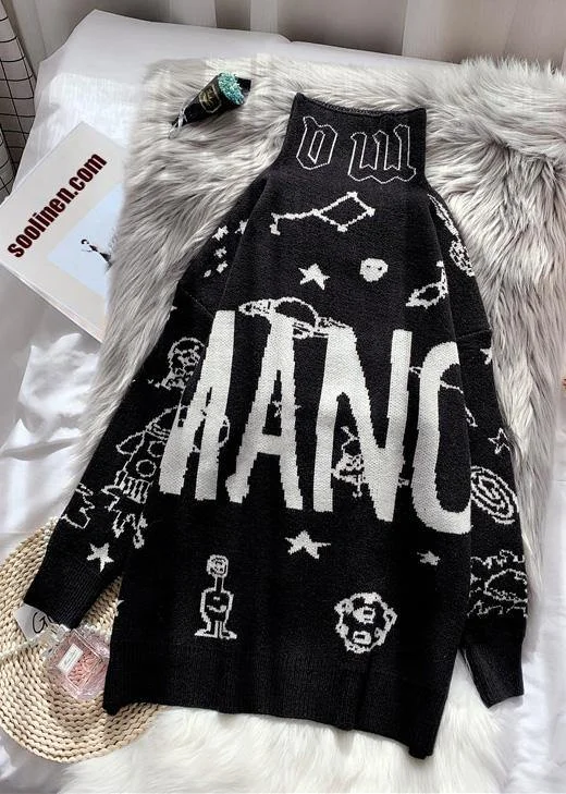Tie - Front Women's Lambswool Sweaters in Pastel HuesCute black Sweater Blouse high neck oversized alphabet print knitted blouse