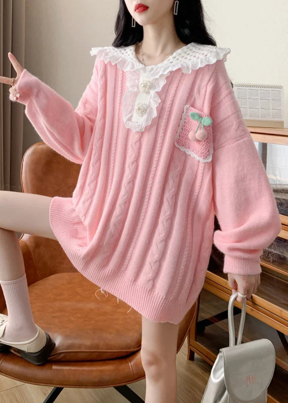 Hooded Women's Fleece - Lined Sweaters for WinterCute Pink Peter Pan Collar Cotton Knit Sweater Spring Hooded Women's Fleece - Lined Sweaters for WinterCute Pink Peter Pan Collar Cotton Knit Sweater Spring