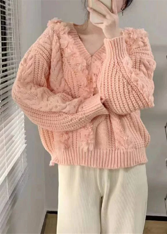 Plus Size Women's Embroidered Sweaters in Ethnic StylesCute Pink V Neck Floral Cotton Knit Sweater Long Sleeve Plus Size Women's Embroidered Sweaters in Ethnic StylesCute Pink V Neck Floral Cotton Knit Sweater Long Sleeve