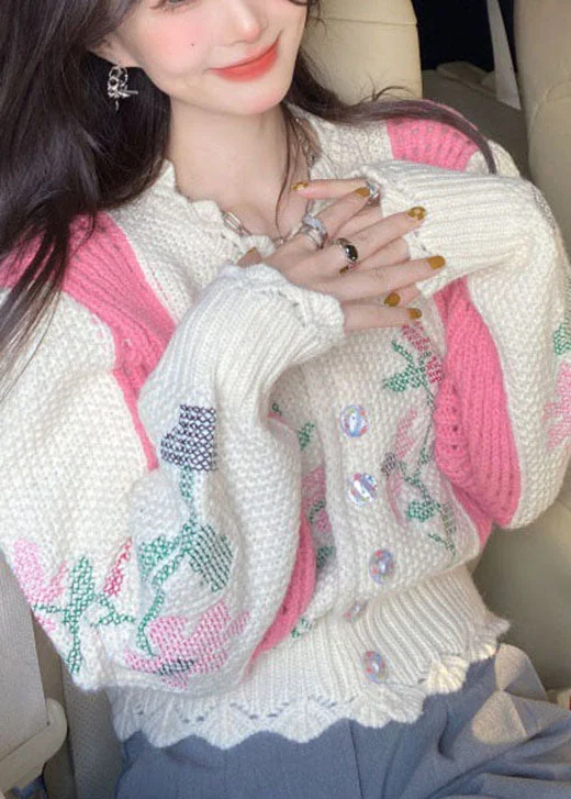 Hooded Women's Fleece - Lined Sweaters for Winterdiy Beige Embroideried Hollow Out Button Fall Sweater Hooded Women's Fleece - Lined Sweaters for Winterdiy Beige Embroideried Hollow Out Button Fall Sweater