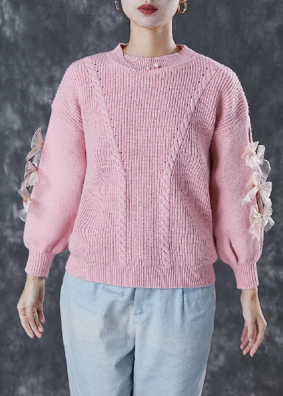 Boat Neck Women's Merino Wool Sweaters in Neutral ShadesDIY Pink Thick Patchwork Bow Knit Sweater Winter Boat Neck Women's Merino Wool Sweaters in Neutral ShadesDIY Pink Thick Patchwork Bow Knit Sweater Winter