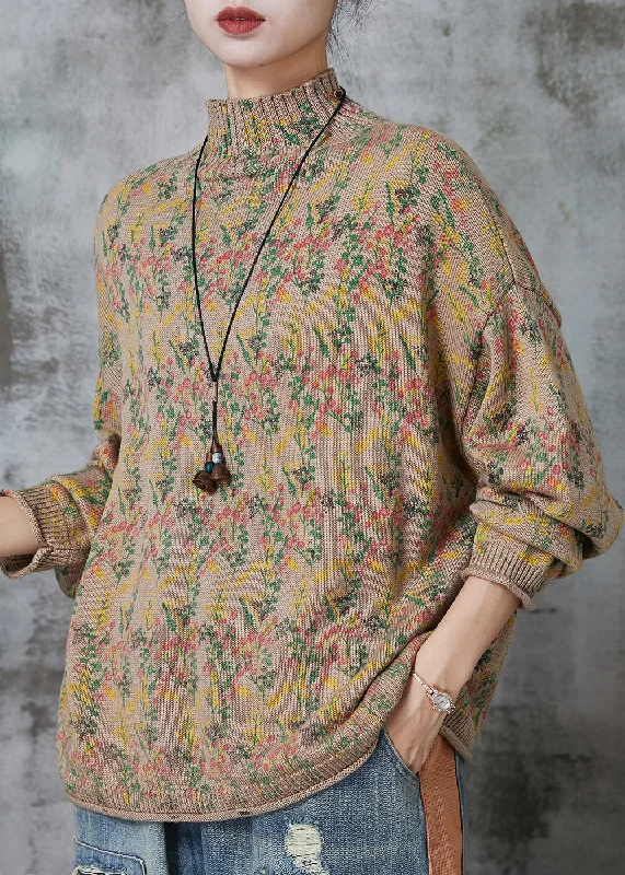 Plus Size Women's Oversized Chunky Knit SweatersElegant Khaki High Neck Print Knit Sweaters Spring Plus Size Women's Oversized Chunky Knit SweatersElegant Khaki High Neck Print Knit Sweaters Spring