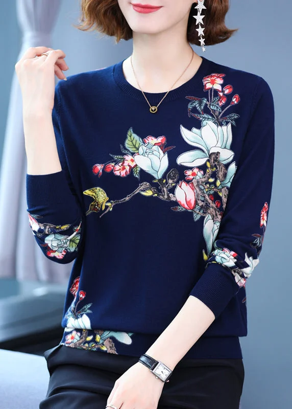 Plus Size Women's Sequined Sweaters for Special OccasionsElegant Navy O Neck Print Loose Woolen Knit Top Spring Plus Size Women's Sequined Sweaters for Special OccasionsElegant Navy O Neck Print Loose Woolen Knit Top Spring