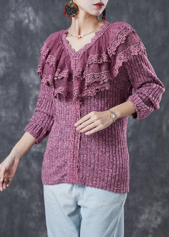 Bell - Sleeve Women's Mohair - Wool Blend SweatersElegant Rose Ruffles Patchwork Knit Sweater Winter Bell - Sleeve Women's Mohair - Wool Blend SweatersElegant Rose Ruffles Patchwork Knit Sweater Winter