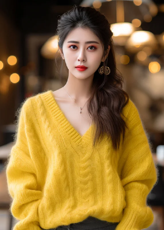Plus Size Women's Ruffled Hem Sweaters in Floral PrintsElegant Yellow V Neck Solid Cotton Knit Sweaters Winter Plus Size Women's Ruffled Hem Sweaters in Floral PrintsElegant Yellow V Neck Solid Cotton Knit Sweaters Winter