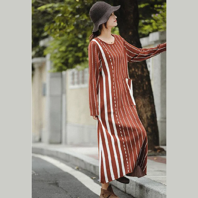 Hooded Women's Fleece - Lined Sweaters for WinterFashion Brown Striped Baggy Maxi Sweater Dresses For Women Hooded Women's Fleece - Lined Sweaters for WinterFashion Brown Striped Baggy Maxi Sweater Dresses For Women