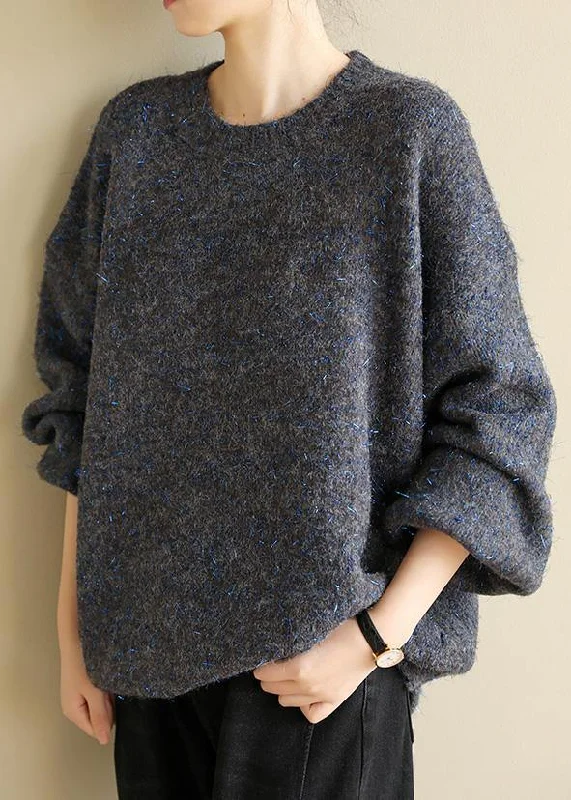 Bell - Sleeve Women's Mohair - Wool Blend SweatersFashion dark black gray knit tops long sleeve casual o neck knitwear Bell - Sleeve Women's Mohair - Wool Blend SweatersFashion dark black gray knit tops long sleeve casual o neck knitwear